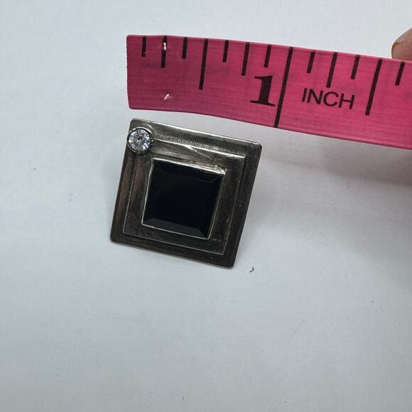 Single Pierced Earring Silver Black Onyx Cubic Zirconia Square Boho - Picture 7 of 7